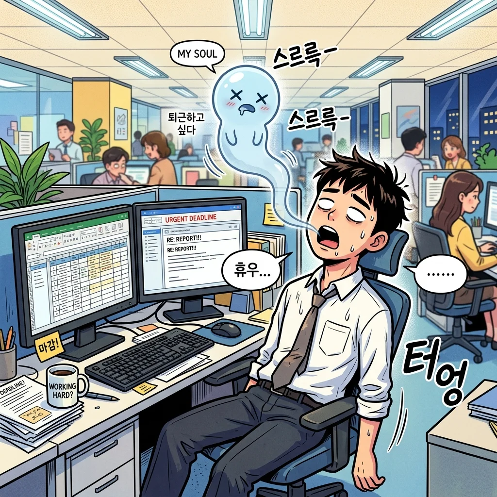 사무실 자리에서 멍하니 모니터를 바라보며 영혼이 빠져나간 표정을 짓고 있는 나개미 대리
