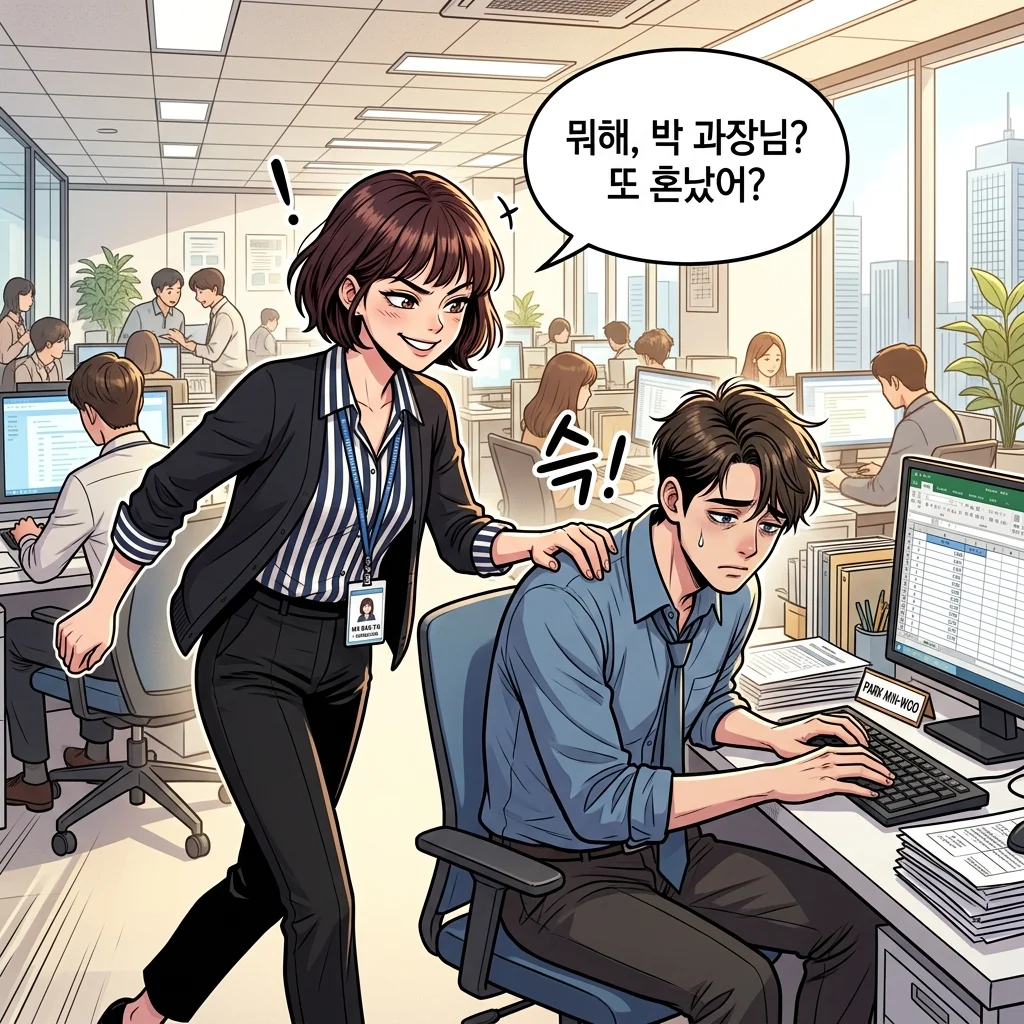 주변 눈치를 슬쩍 보며 개미의 어깨에 손을 얹고 다가오는 동기 마단타의 익살스러운 표정