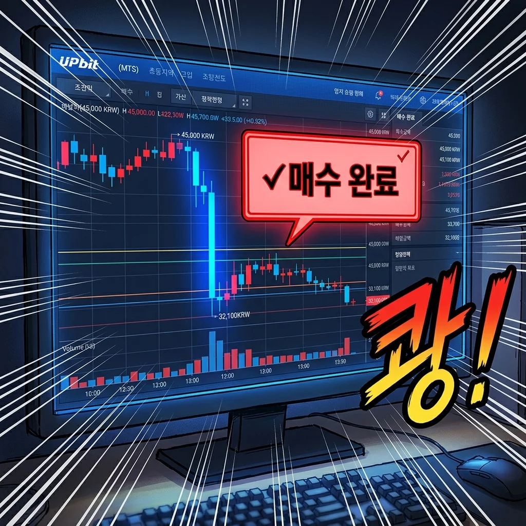 매수 완료 알림이 뜨자마자 차트가 수직 낙하하며 거대한 파란색 장대음봉이 꽂히는 장면