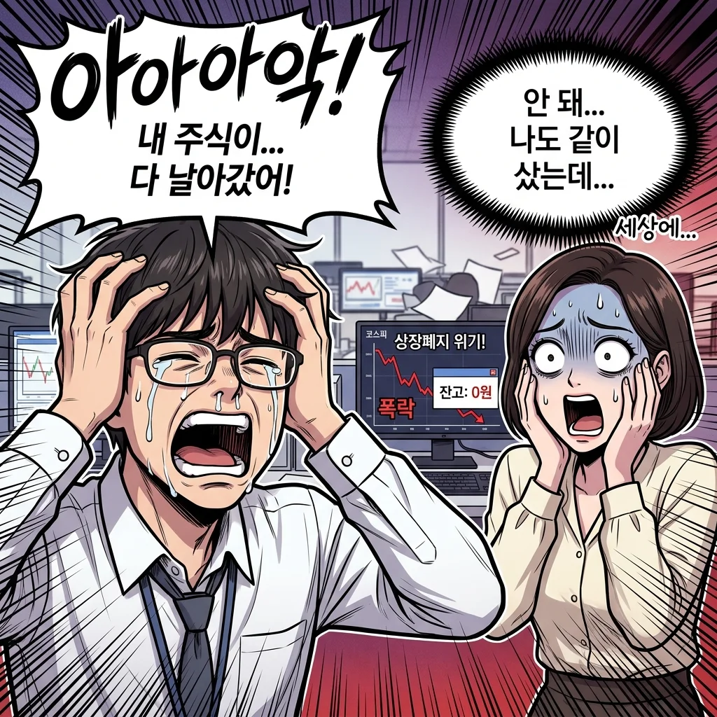 뉴스를 확인하고 머리를 감싸쥐며 절규하는 나개미와 옆에서 같이 멘탈이 나간 마단타