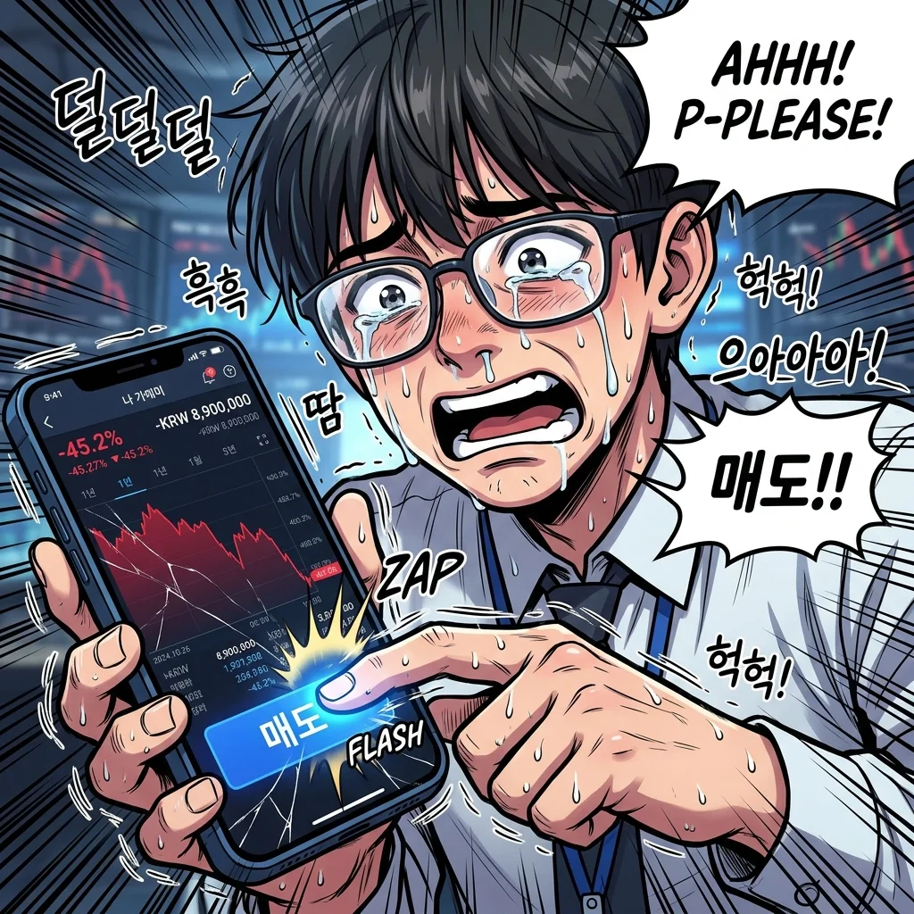 결국 공포에 질려 눈물을 흘리며 전량 손절 매도 버튼을 누르는 나개미